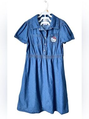 Hello Kitty Denim Dress Girls Size 12 Blue Snap Front Cotton Sanrio Cute